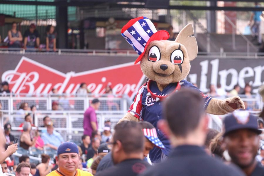 Chico greets the fans in his 4th of July attire for the El Paso Chihuahuas.