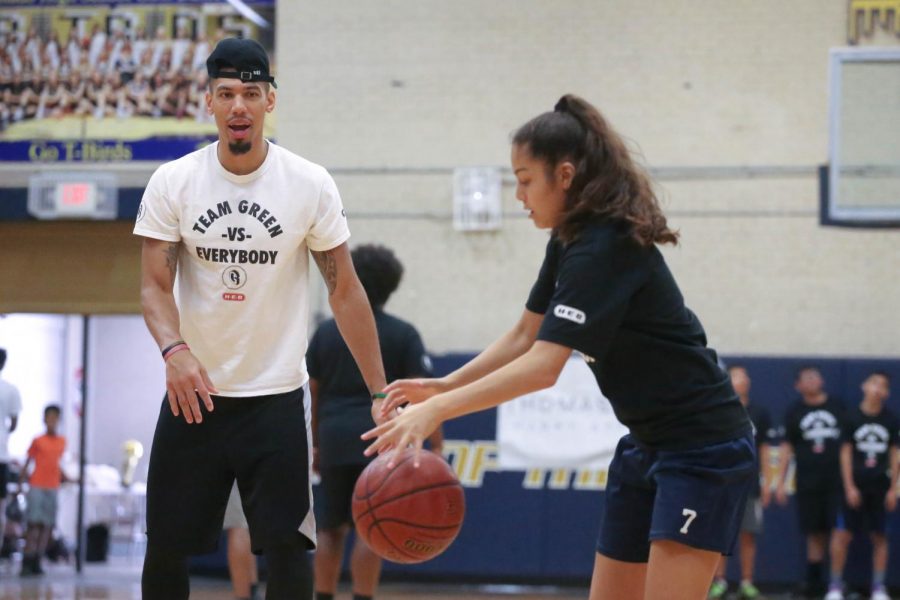 San Antonio Spurs guard/forward Danny Green works on some drills with the kids at his annual Skills Clinic on Saturday, July 7 at Coronado High School.
