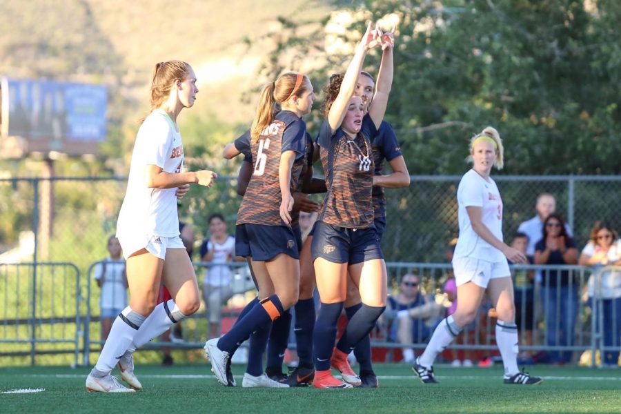 UTEP celebrates as they score the first goal of the day against Idaho State. 