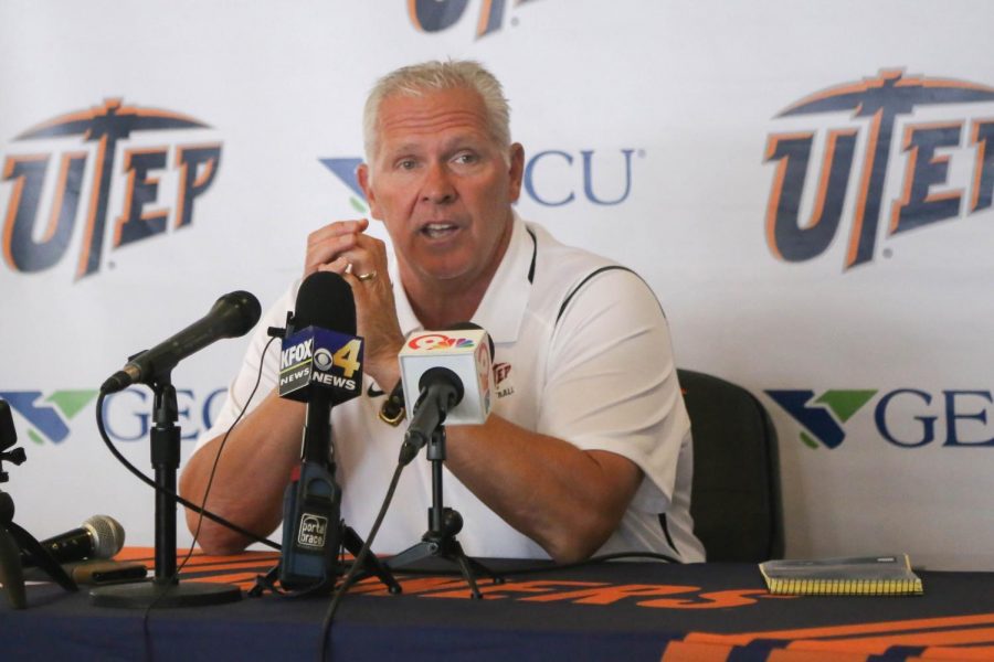 UTEP+head+coach+Dana+Dimel+addresses+the+press+before+the+Miners+week+two+match+up+against+UNLV.+