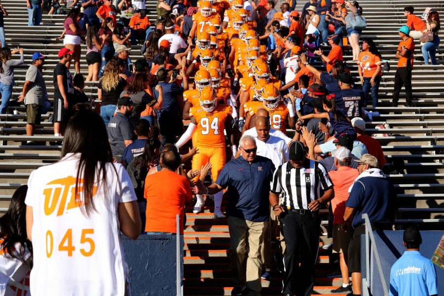 UTEP football head coach Dana Dimel walks his team out of the MIne Shaft before they First Light Credit Union Battle of I-10 against NMSU, on Saturday Sept. 22nd.