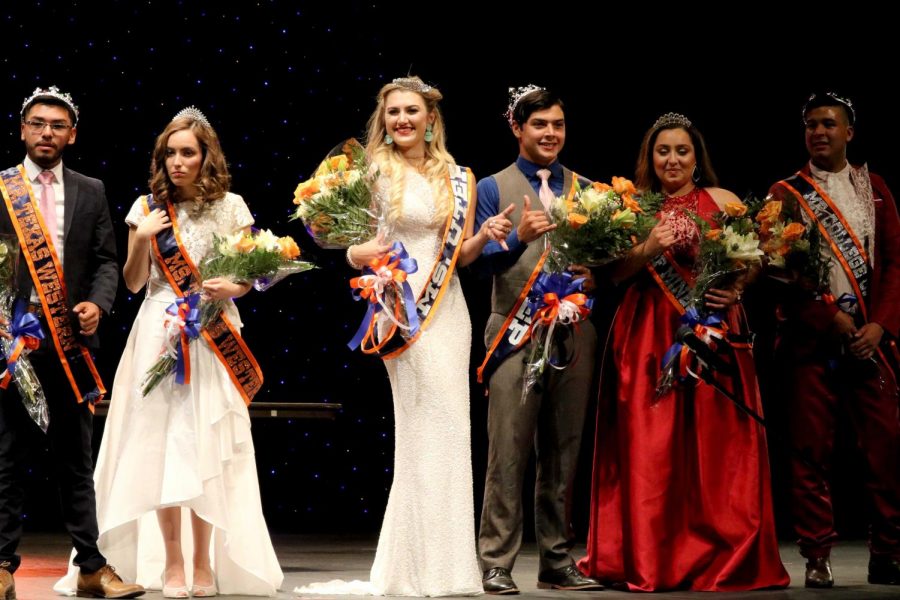 Homecoming court (from left to right) senior nursing major Rolando Lujan, senior math major Dania Barroso, Queen senior english major Jennifer O’Malley, King senior finance major  Daniel Rayas, freshman political science major Marah Jaber, and freshman clinical laboratory Joe Regis.