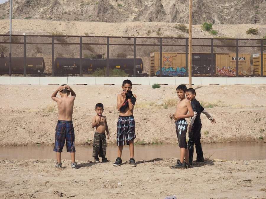 Group portrait of Mexican children swimming in the Rio Grande River on a Tuesday afternoon. Tuesday, April 11, 2017.