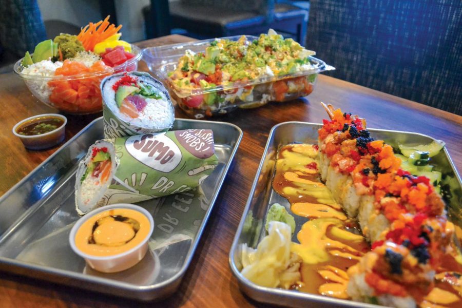 Sushi Freaks menu items include Poke bowls, Poke nachos, Gunshow sushi burrito, and Rockstar roll.