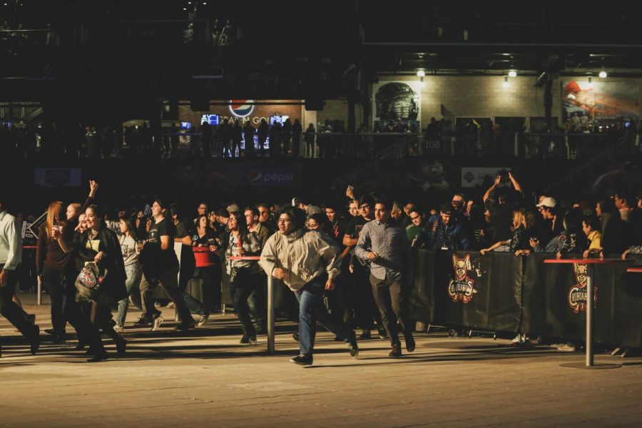 Democratic challenger ORourkes supporters run to the front of the stage before ORourke takes the stage at his watch party on Tuesday, Nov. 6 at the Southwest University Park. 