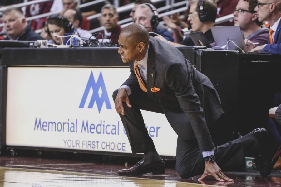 Head Coach Rodney Terry displayed his frustration as the Miners lost to NMSU in the Battle of I-1-0, 96-69. 