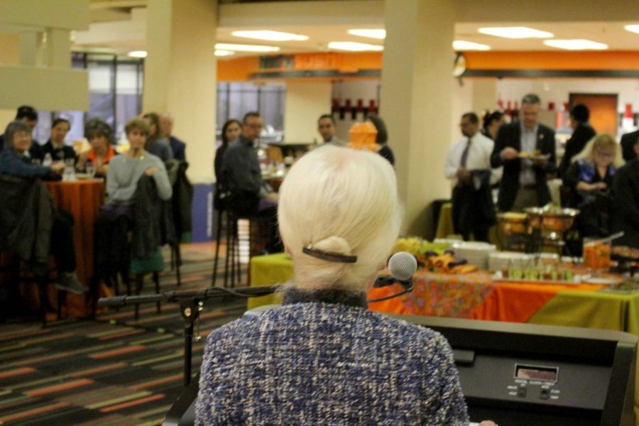 Monday, Feb. 18, Dr. Diana Natalicio and members of the UTEP faculty at the Union Lounge before the opening of the exhibit My tenure in t-shirts at the Union Gallery. 