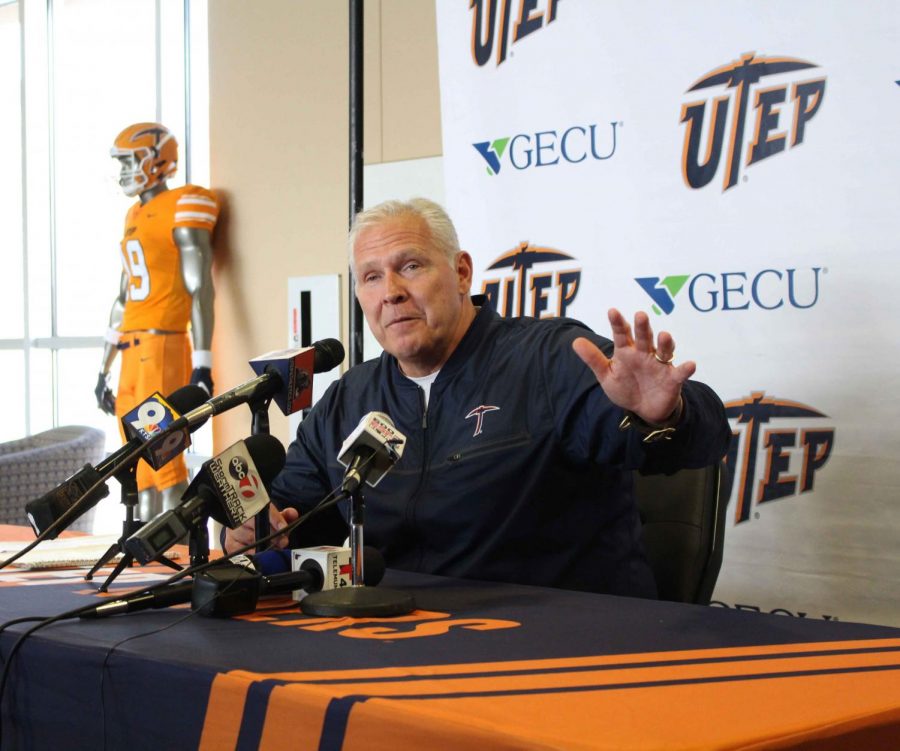 UTEP+football+Head+Coach+Dana+Dimel+addressed+the+media+after+announcing+his+2019+recruiting+class+Feb.+6%2C+at+the+Larry+K.+Durham+Sports+Center.+