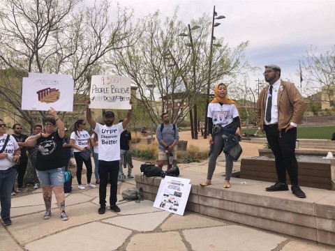 Students protest against UTEP president sole finalist, Heather Wilson March 27, at Centennial Plaza. 