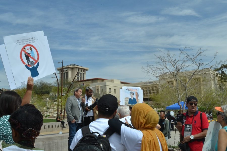 Students protest against UTEP president sole finalist, Heather Wilson March 27, at Centennial Plaza.