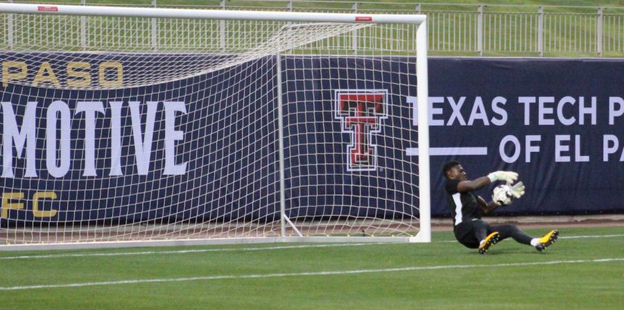 Goalkeeper Jermaine Fordah makes the safe during practice on Thuersday March 7 at Southwest University Park. 