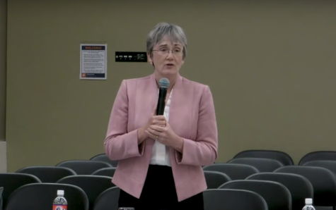 Dr. Heather Wilson addresses member of the Student Government Association Thursday, March 28. Photo Courtesy of UTEP YouTube page.