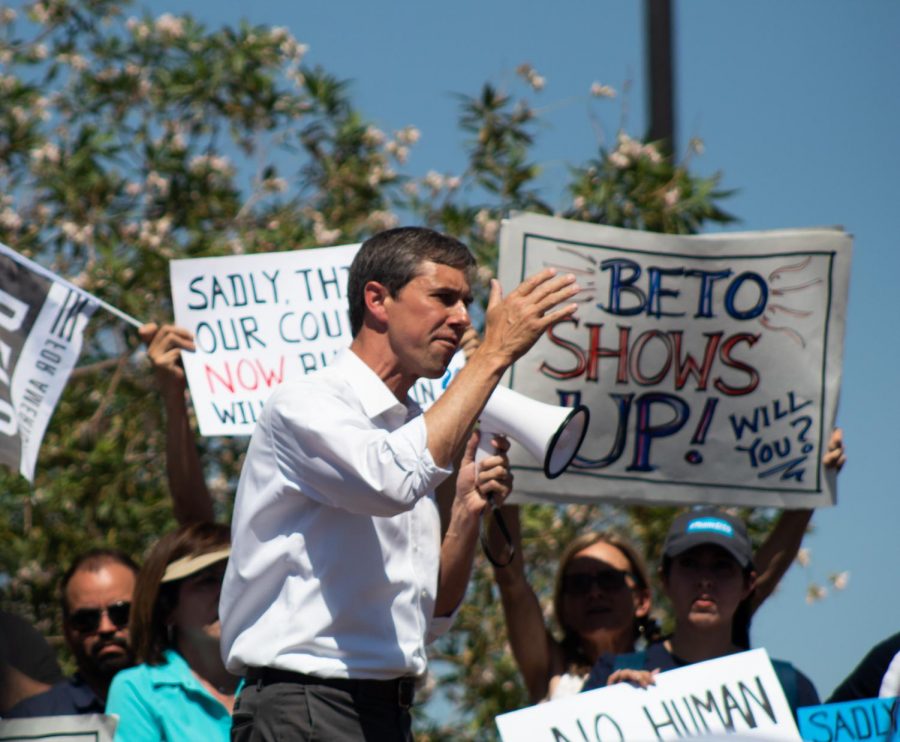 Democratic presidential candidate Beto ORourke thanks supporters for keeping the public pressure on at the Clint Border Patrol Station on Sunday June 30, 2019.