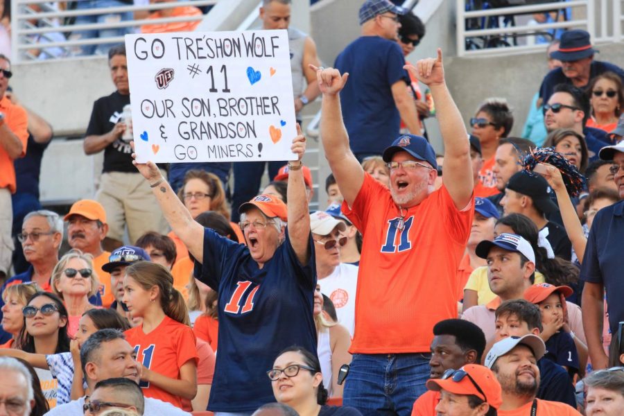 Miners fans cheer at the football game against Houston  Baptist Huskies. Aug. 31, 2019.