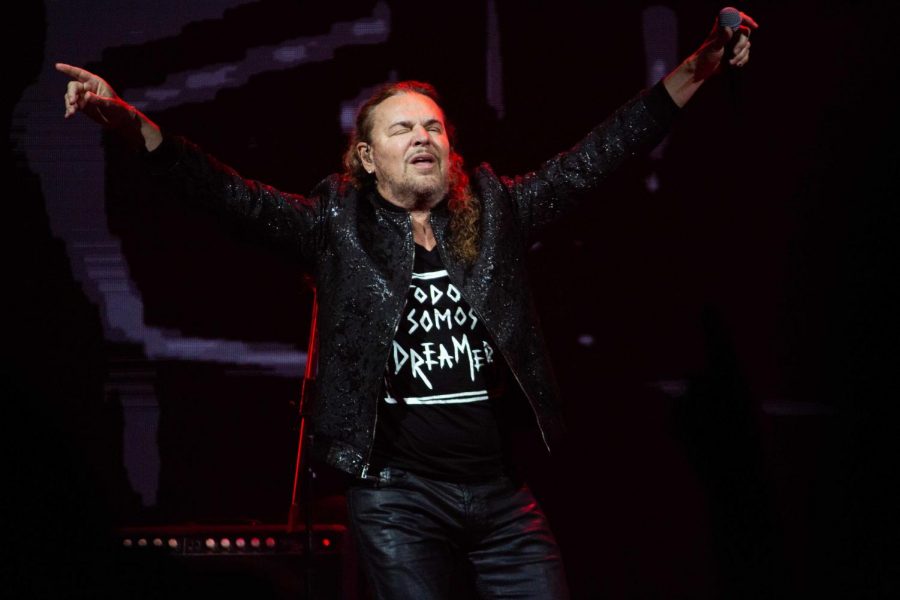 Maná’s lead singer Fernando Olvera greets the crowd at the Don Haskins Center Wednesday, Sept. 11, 2019. 