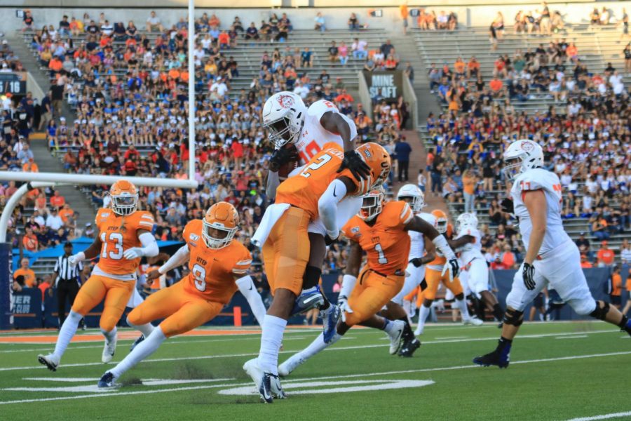 Senior saftey Michael Lewis makes a tackle during the Miners 36-34 win over Houston Baptist.