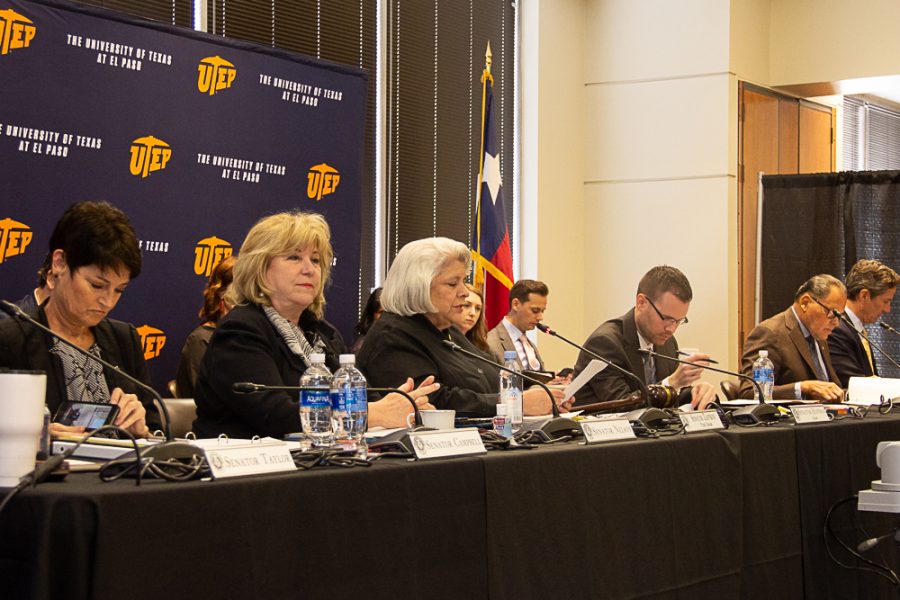 The senators listen to District Attorney Jaime Esparza as he speaks at the Senate Select Committee on Mass Violence Prevention and Community Safety at the Natural Gas Building on Mon. Oct. 21, 2019.