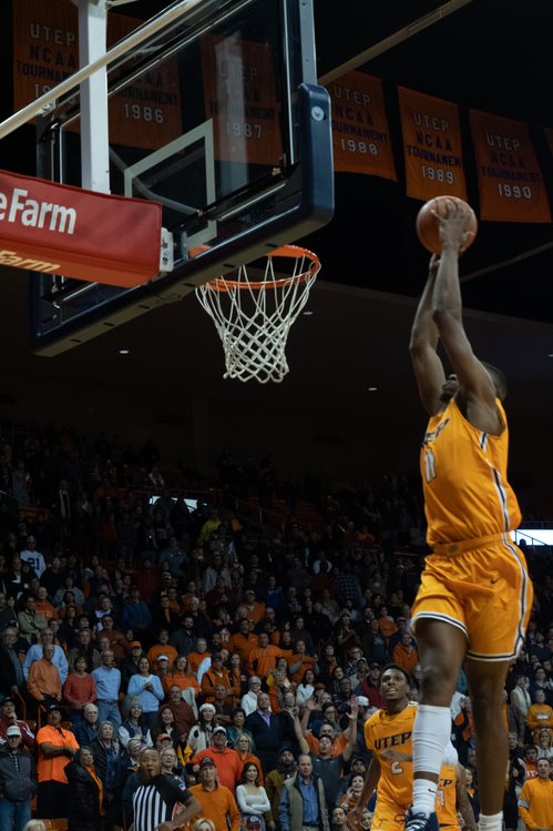 UTEP junior forward Bryson Williams goes for a slam dunk towards the closing seconds against NMSU in the Miners 65-50 win. 