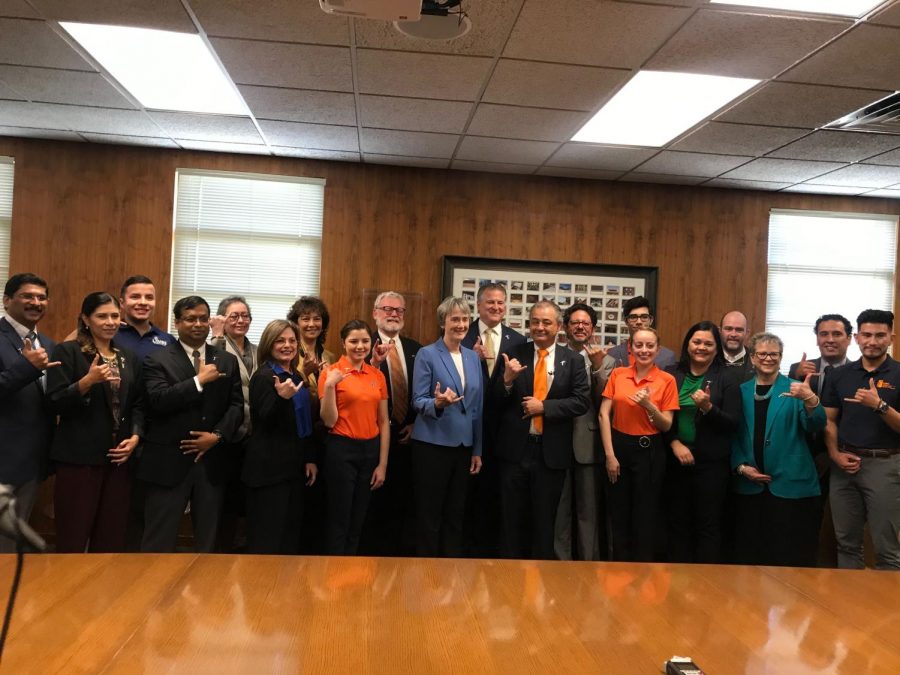 UTEP President Heather Wilson joined by students, administrators and faculty at the formal announcement of UTEP’s research expenditure milestone of $100 million.