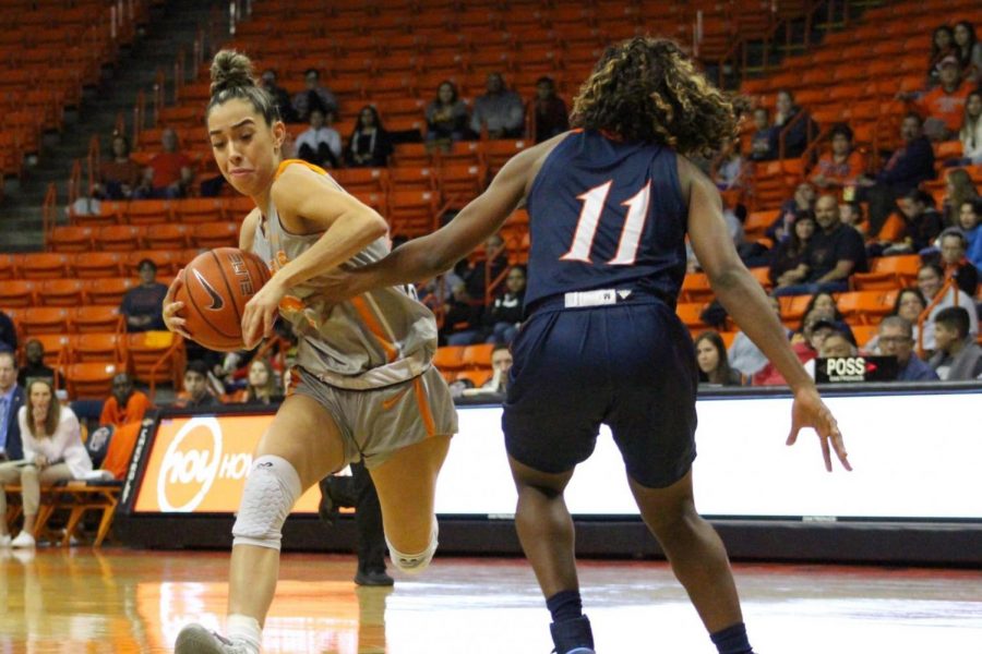 UTEP freshman guard Katia Gallegos fends off defender for ball against UTSA at Don Haskins Center Saturday, Jan. 18, 2019.