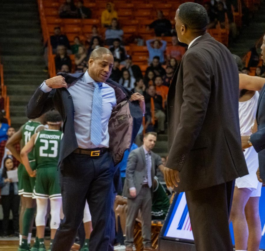 After receiving a technical foul UTEP Head Coach Rodney Terry removes his jacket as frustrations rise versus UAB Feb.1.