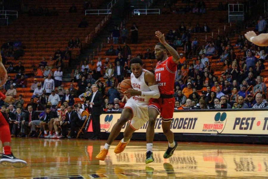 UTEP sophomore guard Jordan Lathon drives to the basket versus Western Kentucky at the Don Haskins Center.