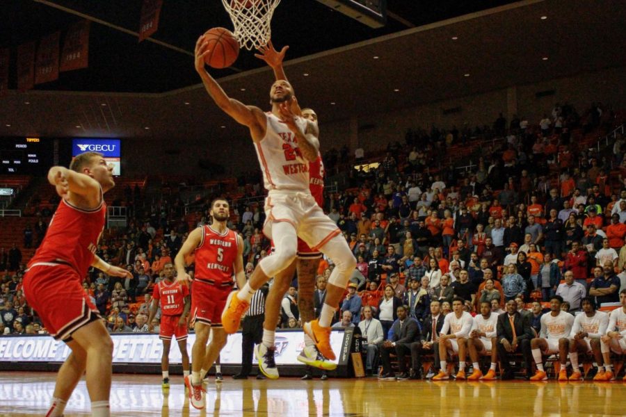 UTEP graduate transfer guard Daryl Edwards goes for a reverse layup versus Western Kentucky Feb. 13 at the Don Haskins Center.