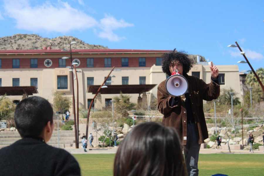 UTEP student speaks at Centennial Plaza on March 5 in front of audience members opposing a gas pipeline planned on being constructed on indigenous land.