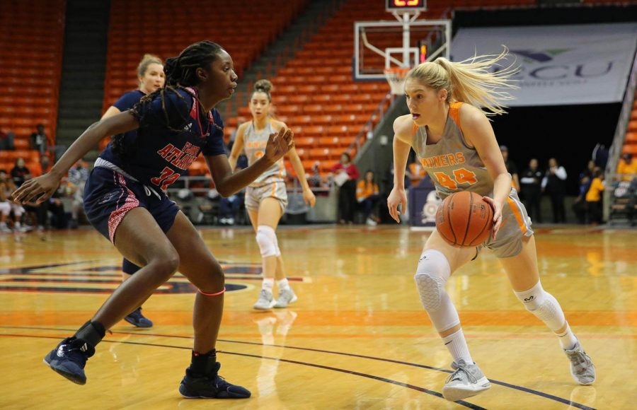 Senior forward Katarina Zec pushes the ball up court in win versus Florida Atlantic Jan. 4 at the Don Haskins Center.