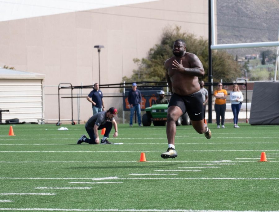 UTEP senior defensive tackle Dedrick Simpson runs 40-yard dash at pro day  March 11.