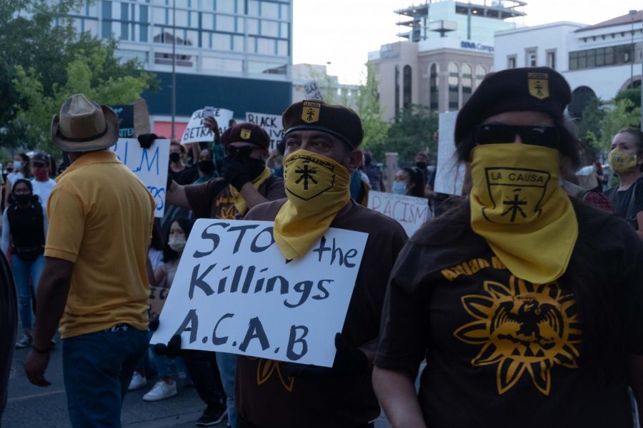 Brown Beret del Chuco lead a protest outside of El Paso County Courthouse with demonstrators chanting in background June 3.