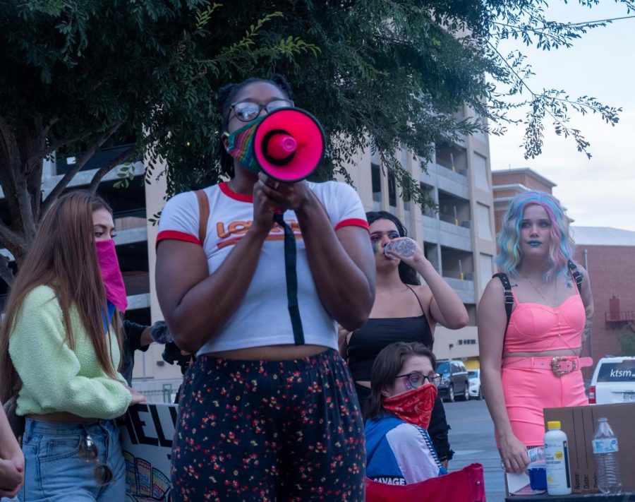Protester gives speech at Cleveland Square in Downtown El Paso at Queer Solidarity March June 13, 2020.