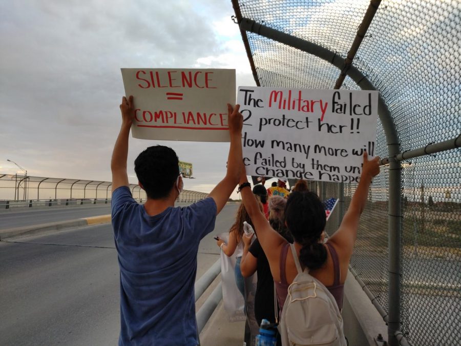 Protesters march across the overpass of Highway 54 towards Fort Bliss entrance during march for justice of Vanessa Guillen July 4, 2020.