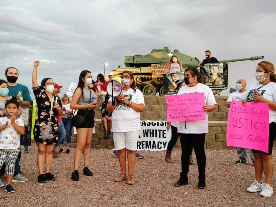 Guadalupe Gayton speaks to crowd  of protesters at Fort Bliss Gate in support of Vanessa Guillen July 4, 2020.
