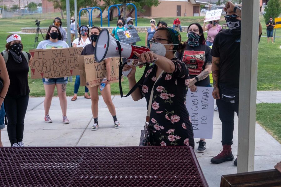One of the protest organzizers Nubia Legarda, addresses crowd  at Grandview Park in El Paso during march for justice for Vanessa Guillen July 4, 2020.