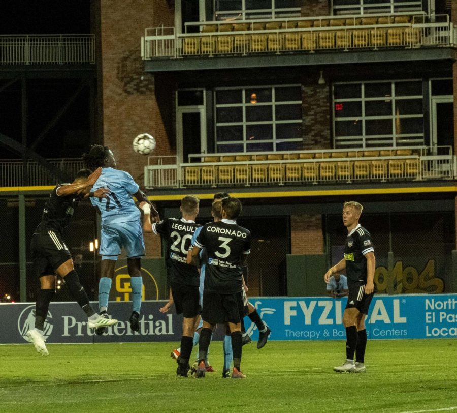 Locomotive midfielder Distel Zola heads the ball  over a crowd of Rio Grande Valley defenders in a 1-0 victory over the Toros Saturday July 11, 2020.