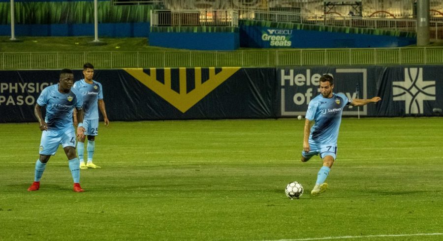 locomotive midfielder Dylan Mares takes a free kick versus Rio Grande valley Saturday July 11, 2020