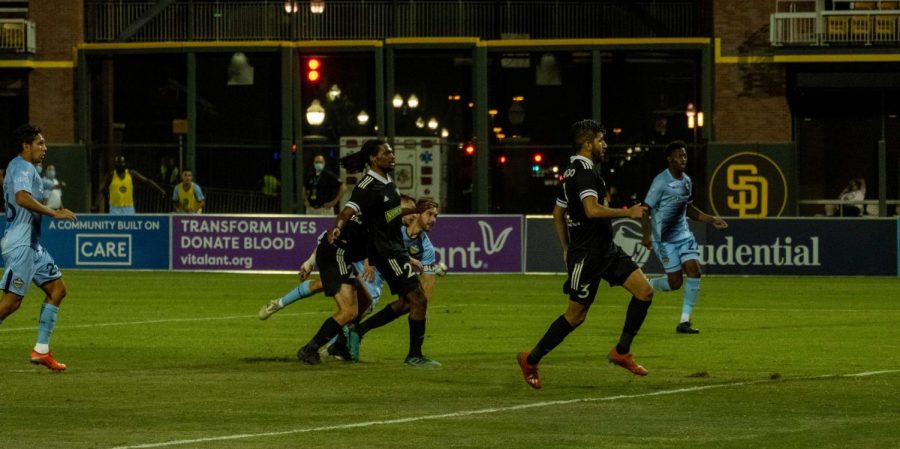 Midfielder Dylan Mares and teammates look on as the ball flies into the net for their first goal of the season versus the Toros Saturday July 11, 2020.