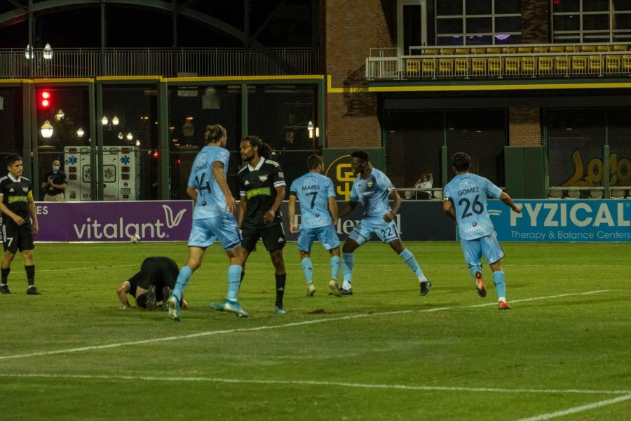 Locomotive players celebrate midfielder Dylan Mares goal at the 83 minute mark of the match versus the Toros Saturday July 11, 2020.