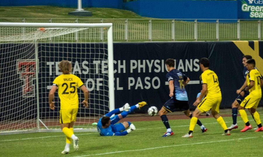 Locomotive defender Andrew Fox sets up to score the second goal of the contest on a bounce-back shot for El Paso versus New Mexico july 15, 2020.