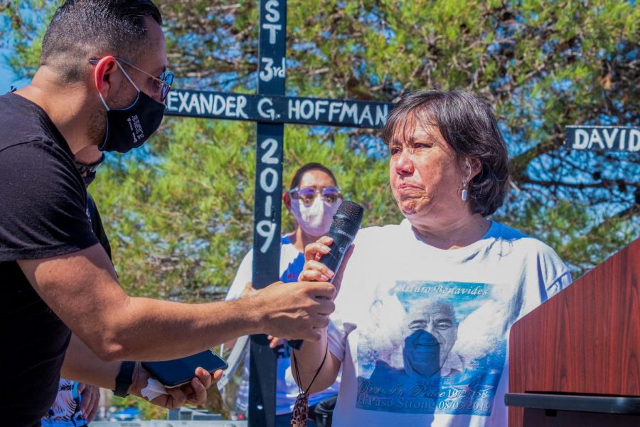 Patricia Benavides who lost her husband Arturo in last year's Cielo Vista Walmart shooting addresses those paying respects Aug. 3, 2020.