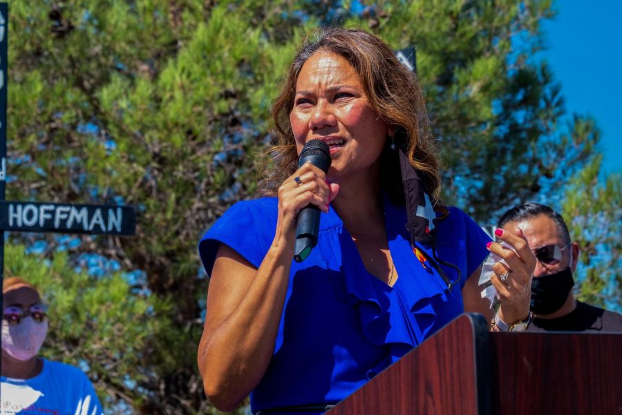 U.S. Congresswoman Veronica Escobar addresses the memorial ceremony honoring the 23 victims of the Walmart shooting Aug. 3, 2020.