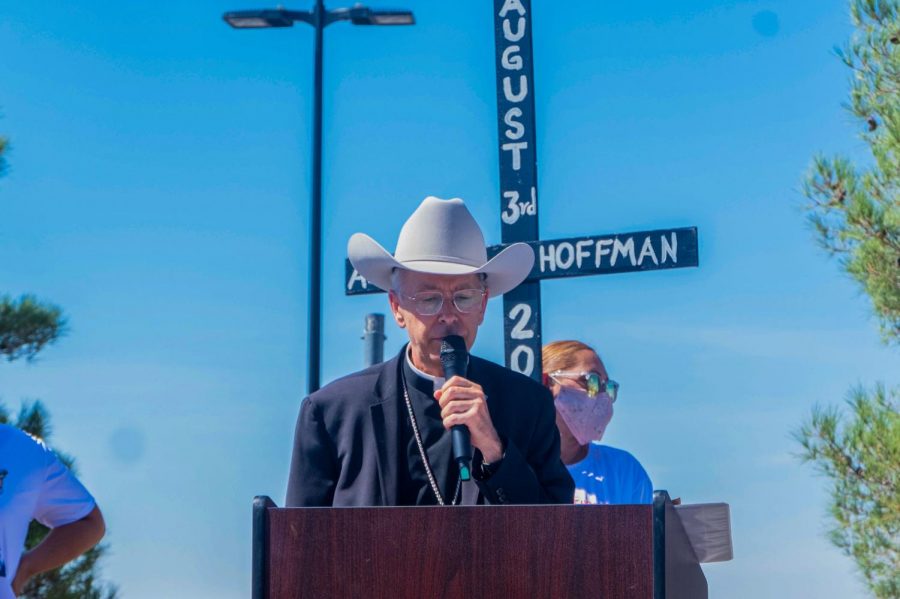 Bishop Mark Seitz speaks to the crowd at Cielo Vista Walmart on anniversary of the tragic shooting that took 23 lives one year ago Aug. 3, 2020.