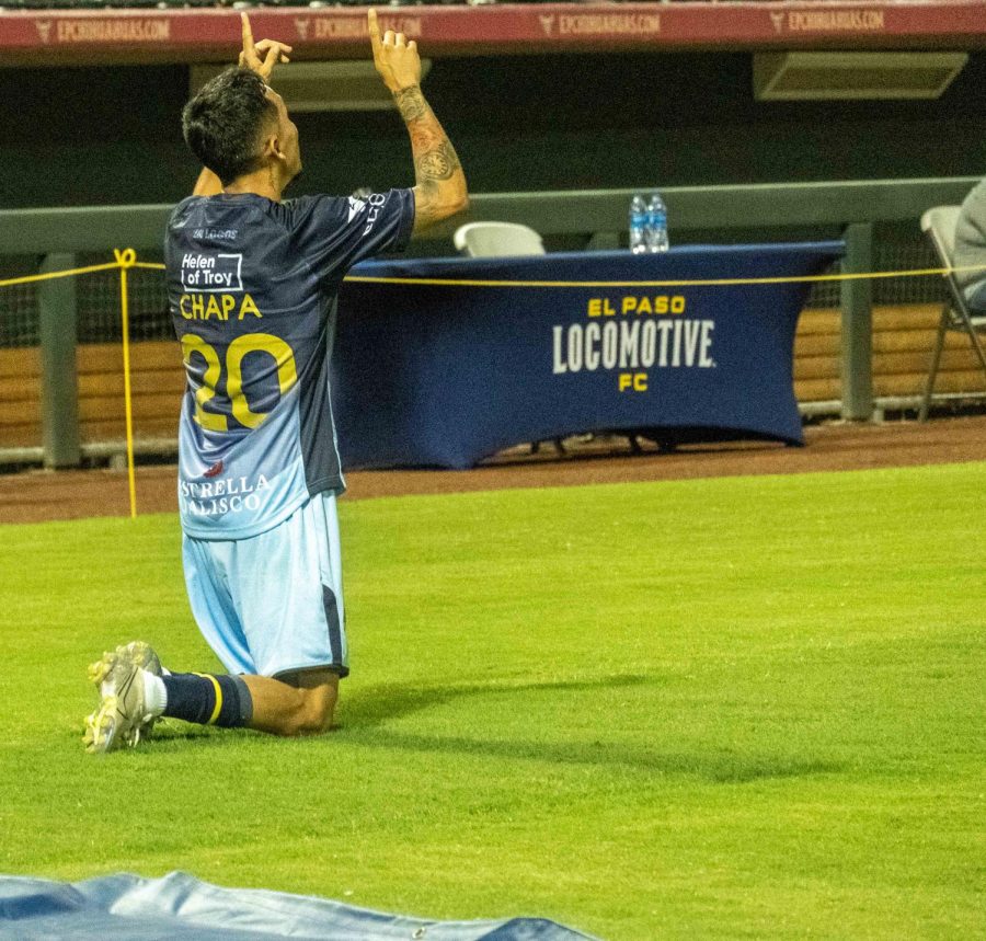 El Paso native Louis Chapo  Herrera celebrates his first goal of the season for the Locomotive versus Colorado Springs Saturday Aug. 8, 2020.