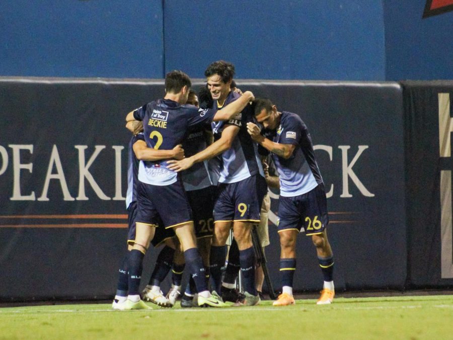 Players celebrate Éder Borellis goal during El Paso Locomotive game at Southwest University Park, Saturday, Sept. 19.