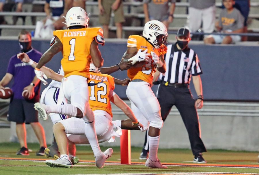 UTEP redshirt freshman Deion Hankins  scores his first touchdown versus Stephen F. Austin Saturday Sept. 5.