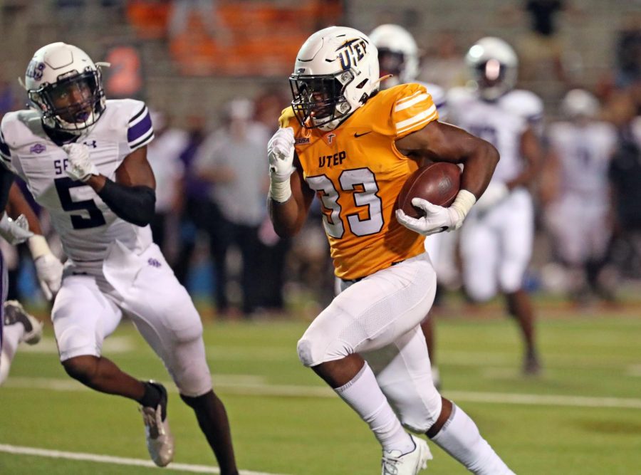 UTEP Redshirt  freshman running back Deion Hankins rushed for over 100 yards versus Stephen F. Austin Sept. 5. 2020.