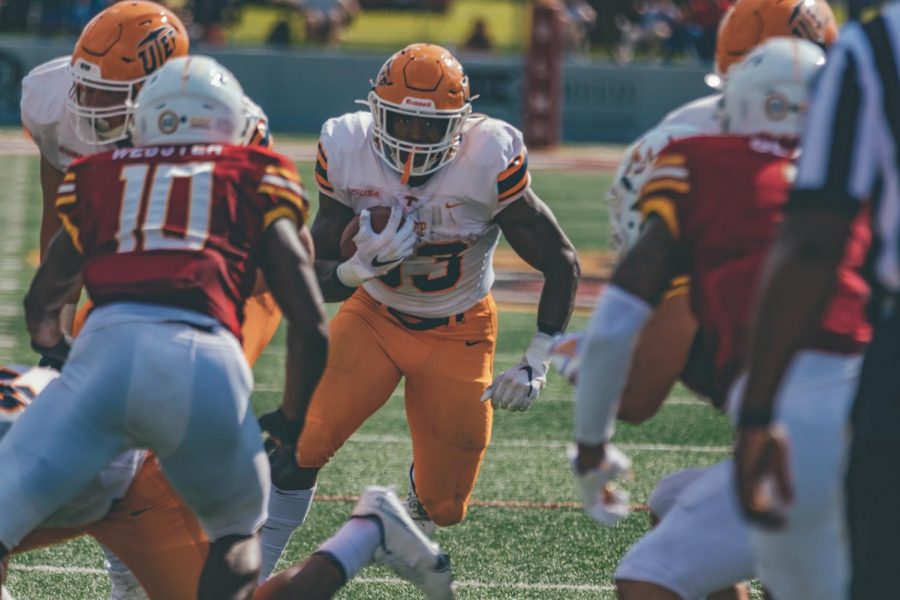 UTEP freshman running back breaks through the Louisiana- Monroe defense for a gain enroute to three touchdowns and 118 yards rushing in a 31-6 win Sept. 26.