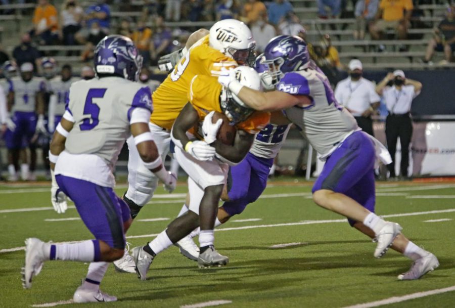 UTEP senior running back Josh Fields scores on a 5-yard touchdown run versus Abilene Christian Saturday Sept. 20.