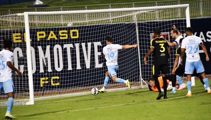 El Paso Locomotive defender Andrew Fox and teammates celebrate as another goal goes into the United net Saturday Sept. 5.